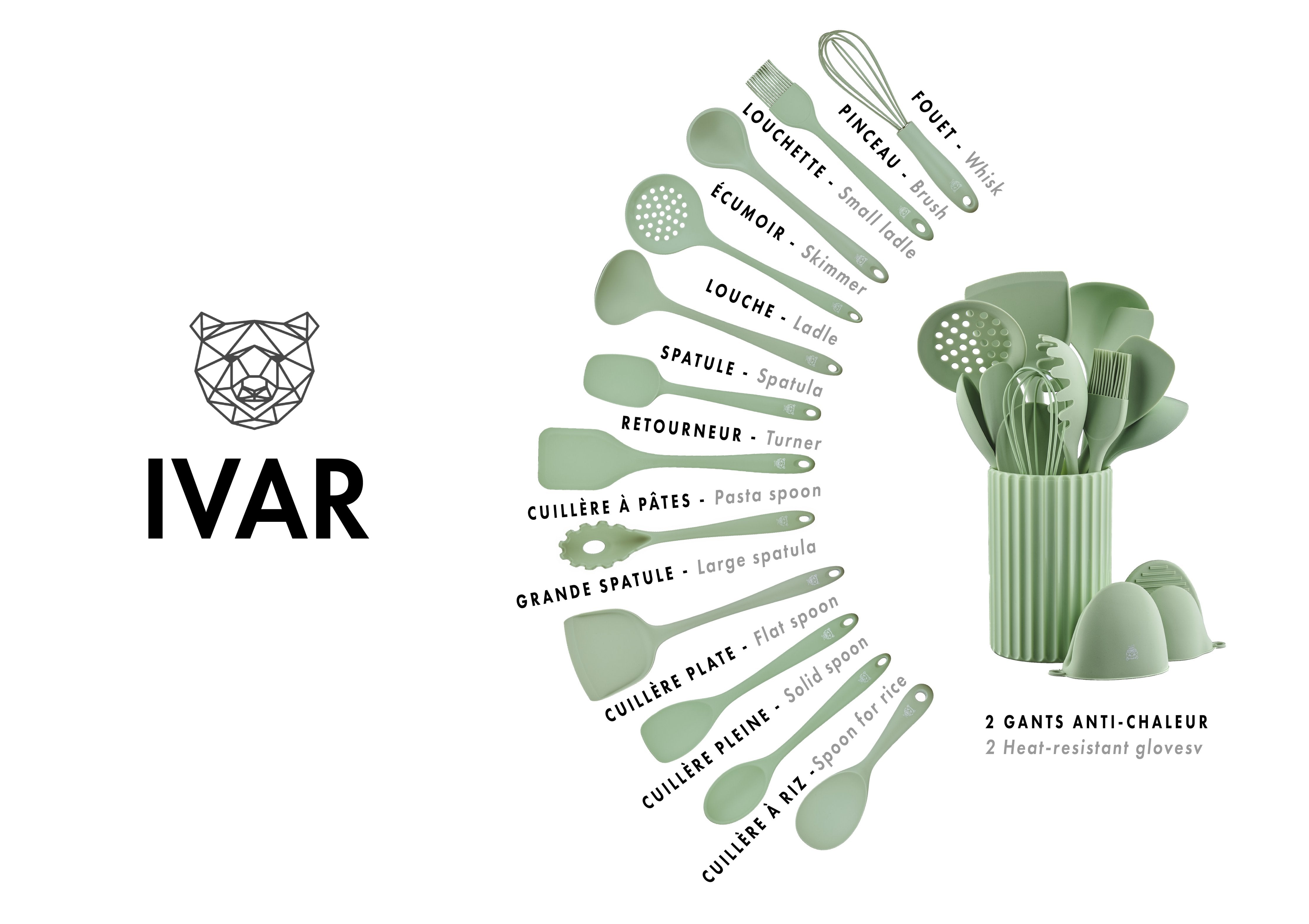 Set d'ustensiles de cuisine en silicone IVAR - 15 pièces