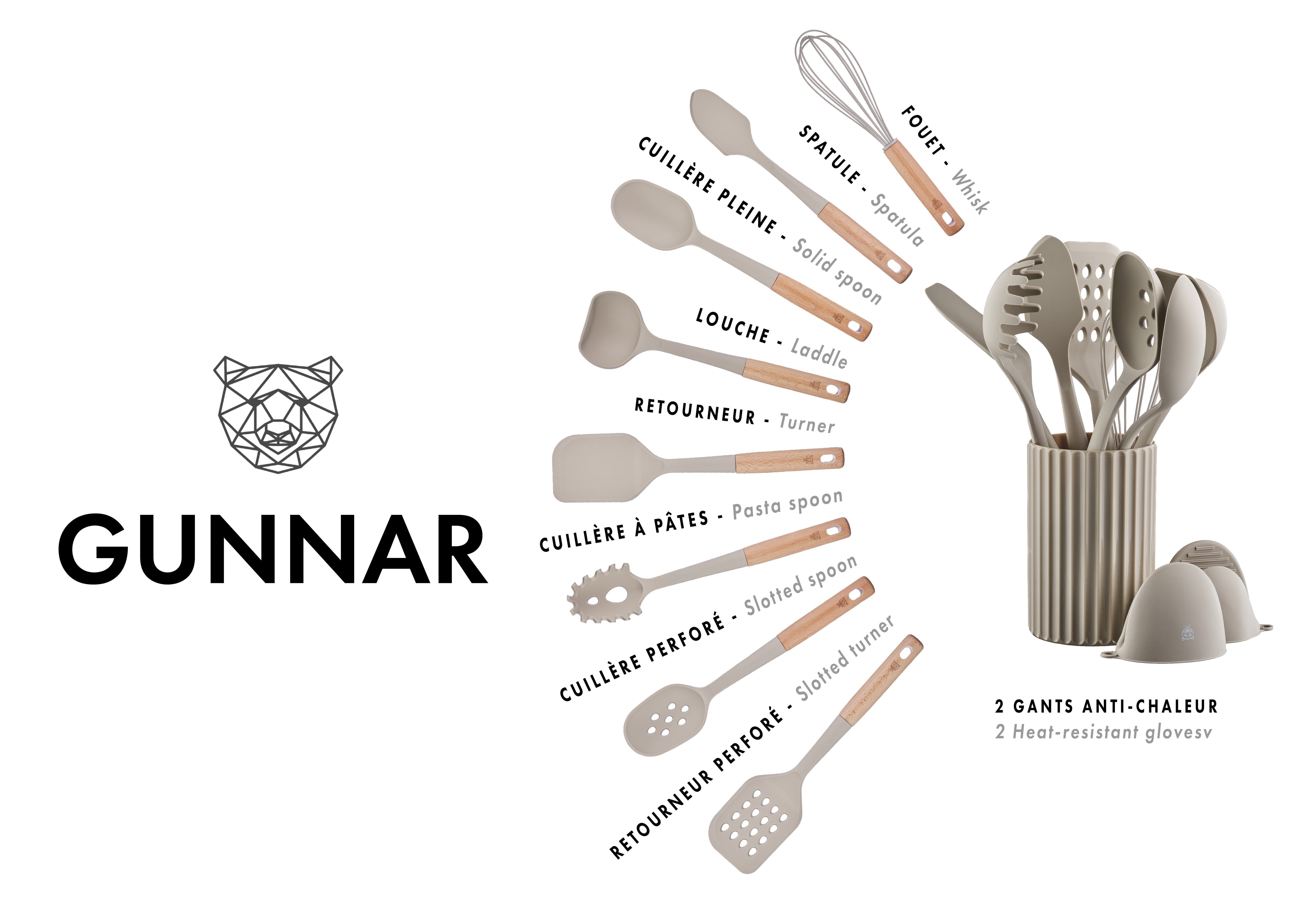 Set d'ustensiles de cuisine en bois et silicone GUNNAR - 11 pièces