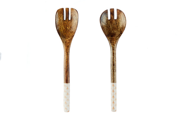 Couverts à salade en bois de manguier PATTERN - Rose pastel