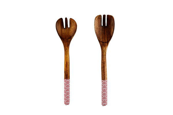 Couverts à salade en bois de manguier PATTERN - Rouge