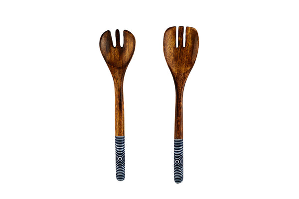 Couverts à salade en bois de manguier PATTERN - Dark blue
