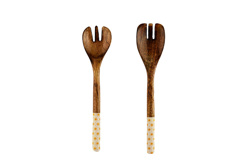 Couverts à salade en bois de manguier PATTERN - Jaune