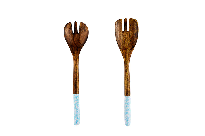 Couverts à salade en bois de manguier PATTERN - Bleu clair