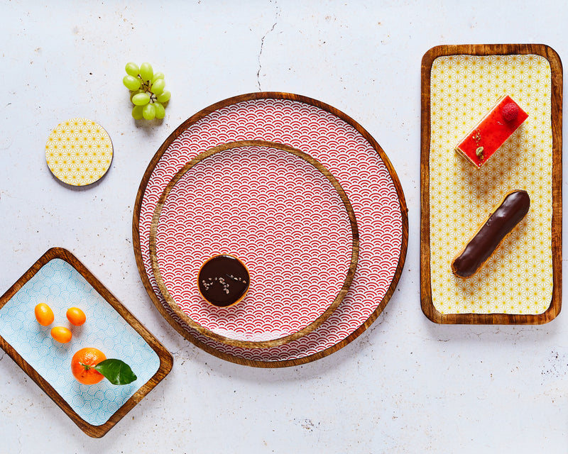 Plateau de service en bois de manguier PATTERN Ø30cm - Rouge