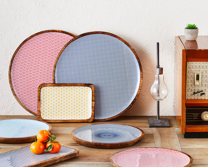 Plateau de service en bois de manguier PATTERN Ø30cm - Rouge