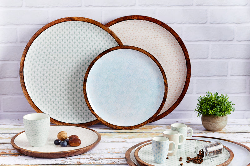 Plateau de service en bois de manguier PATTERN Ø30cm - Bleu pastel