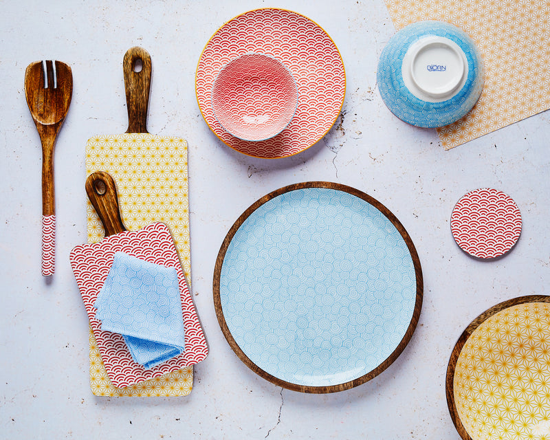 Plateau de service en bois de manguier PATTERN Ø30cm - Jaune
