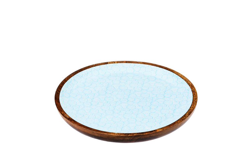 Plateau de service en bois de manguier PATTERN Ø30cm - Bleu clair