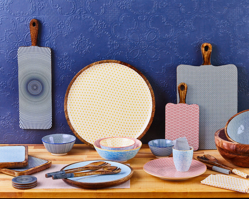 Plateau de service en bois de manguier PATTERN Ø30cm - Bleu clair